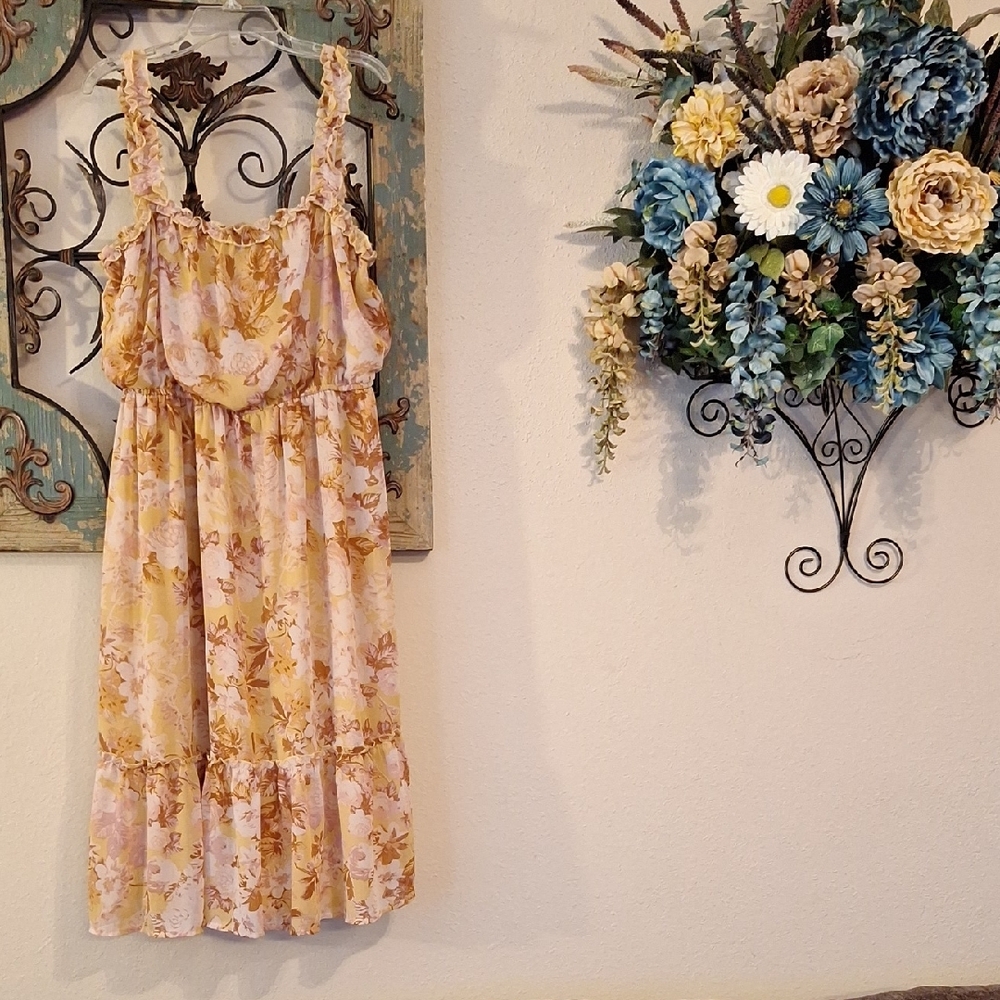 Luxology Floral Midi Sundress in Yellow and Brown. NWOT Size XL
